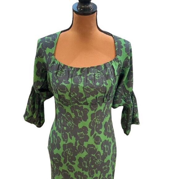 Peter Som Blue and Green Floral Print ¾ Sleeve Midi Dress – Like New – Size 6 - Picture 2 of 8